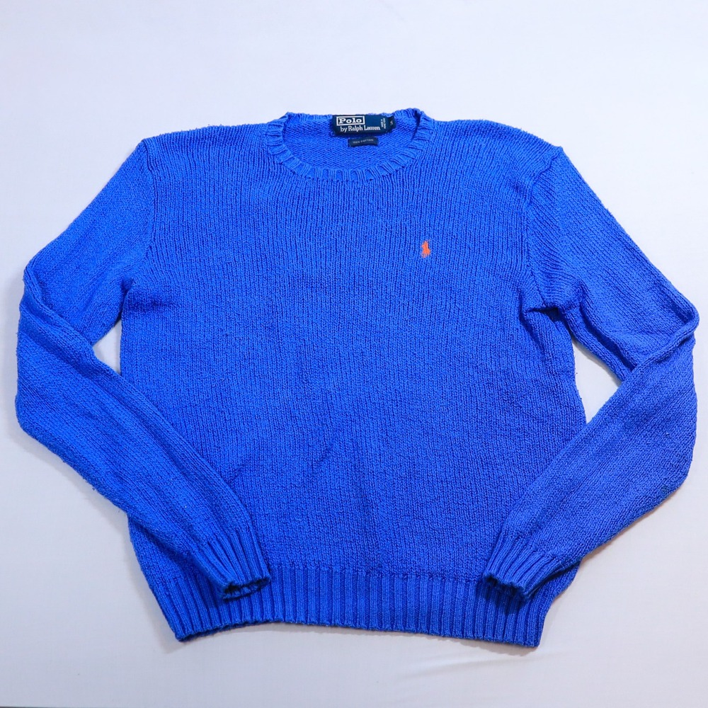 Polo Ralph Lauren Sweater Mens M Blue Cotton Knit Crew Neck Orange Pony Vintage